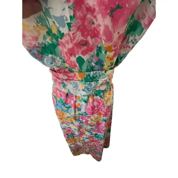 Ann Klein Medium Dress Floral Cotton V Neck Floral Tea Length Cottage Whimsy - Picture 8 of 15